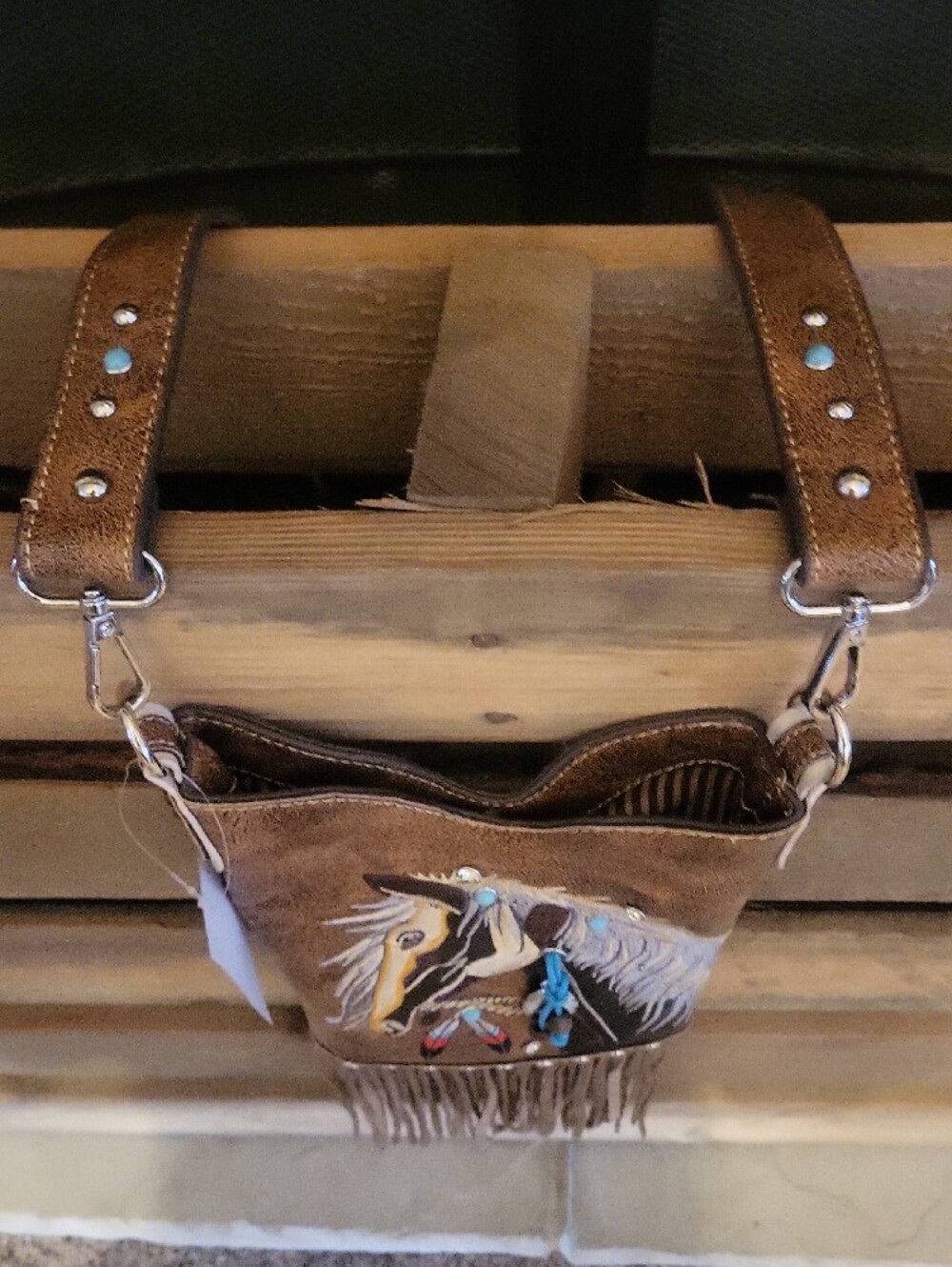 Fringed Brown Horse Embroidered Crossbody Bag with Turquoise Accents - Picture 3 of 15